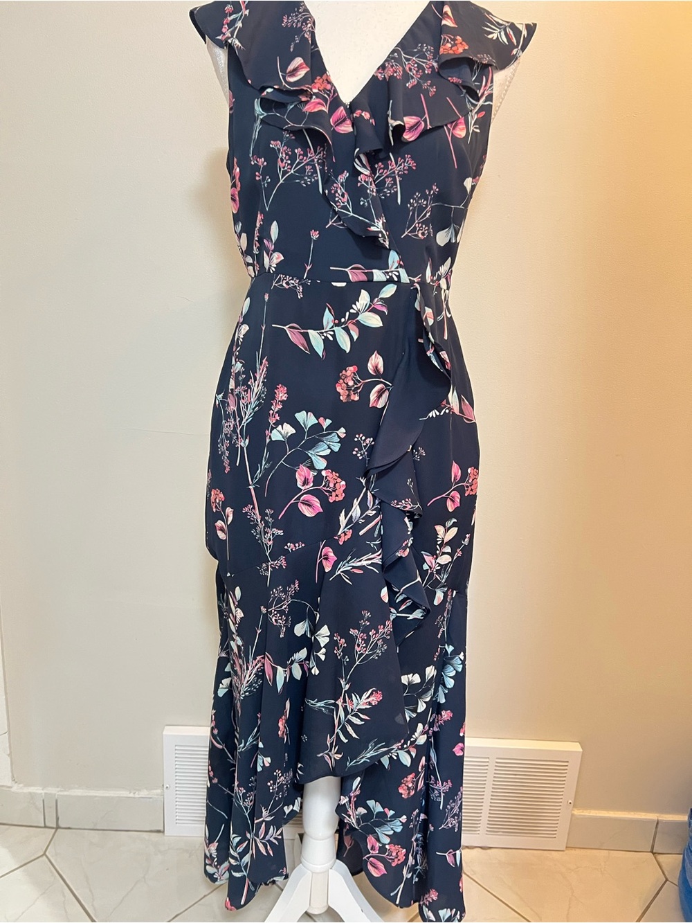 Banana Republic Navy Floral High-Low Ruffle Dress